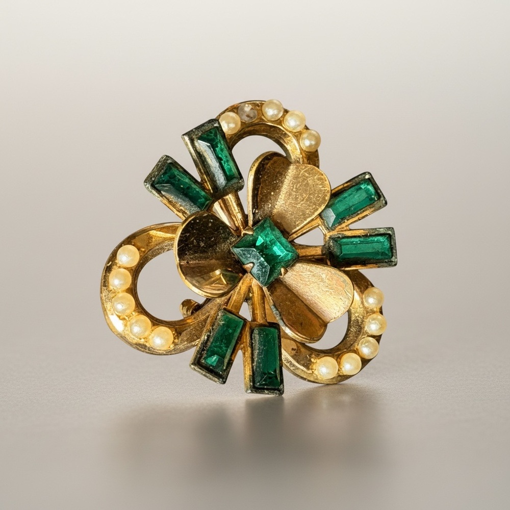 Vintage Green Rhinestone Bow Brooch Gold Pearl Ribbon Pin Retro Jewelry